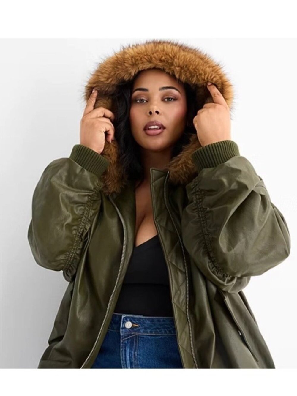 Ashley Graham 4X Olive Green Faux Leather Bomber Jacket W/ Brown Faux-Fur Hood - Picture 3 of 9